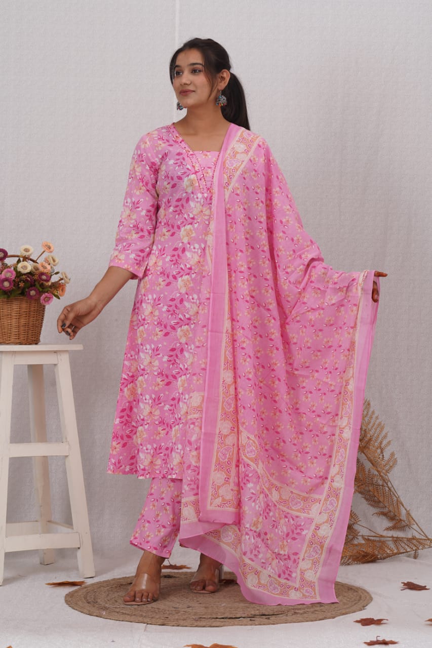 Pink Cotton Printed A Line Kurta Pant and Dupatta