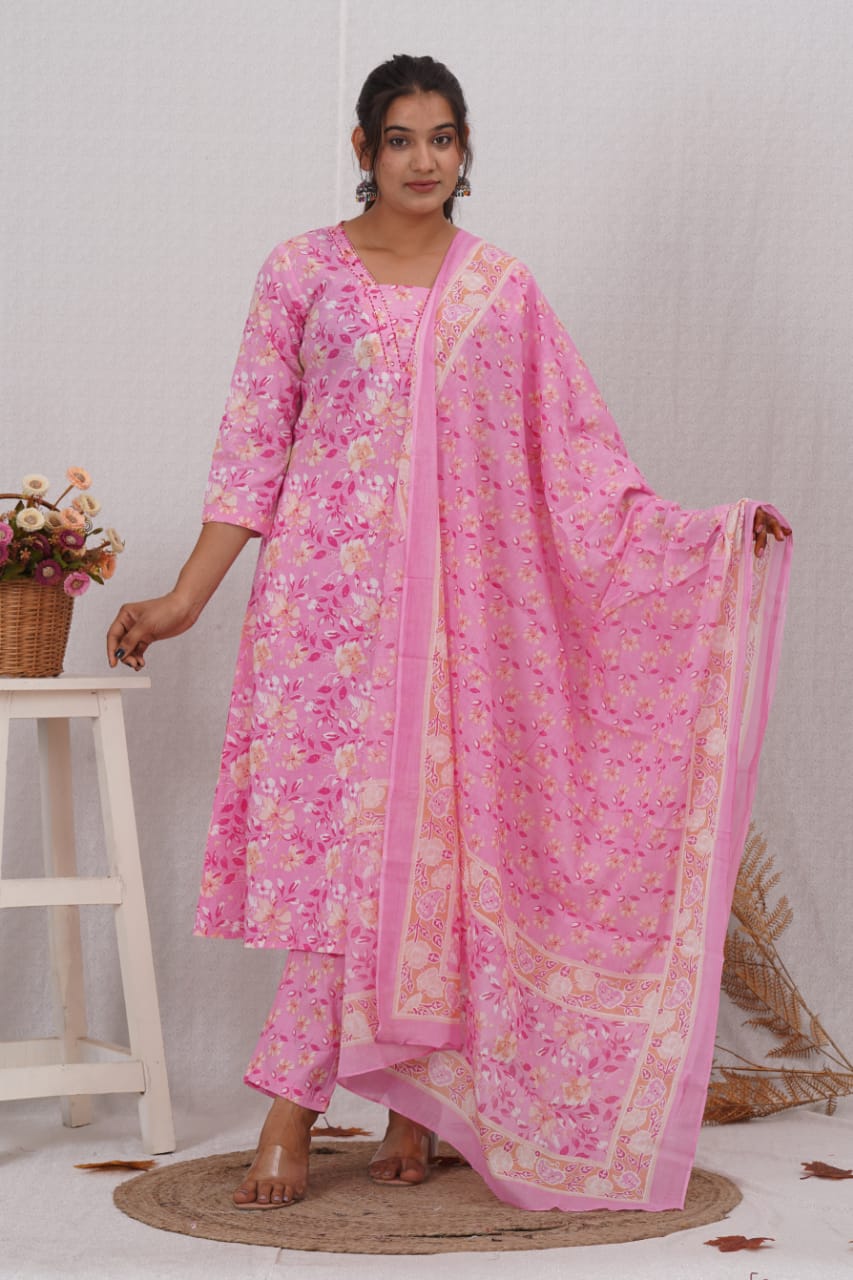 Pink Cotton Printed A Line Kurta Pant and Dupatta