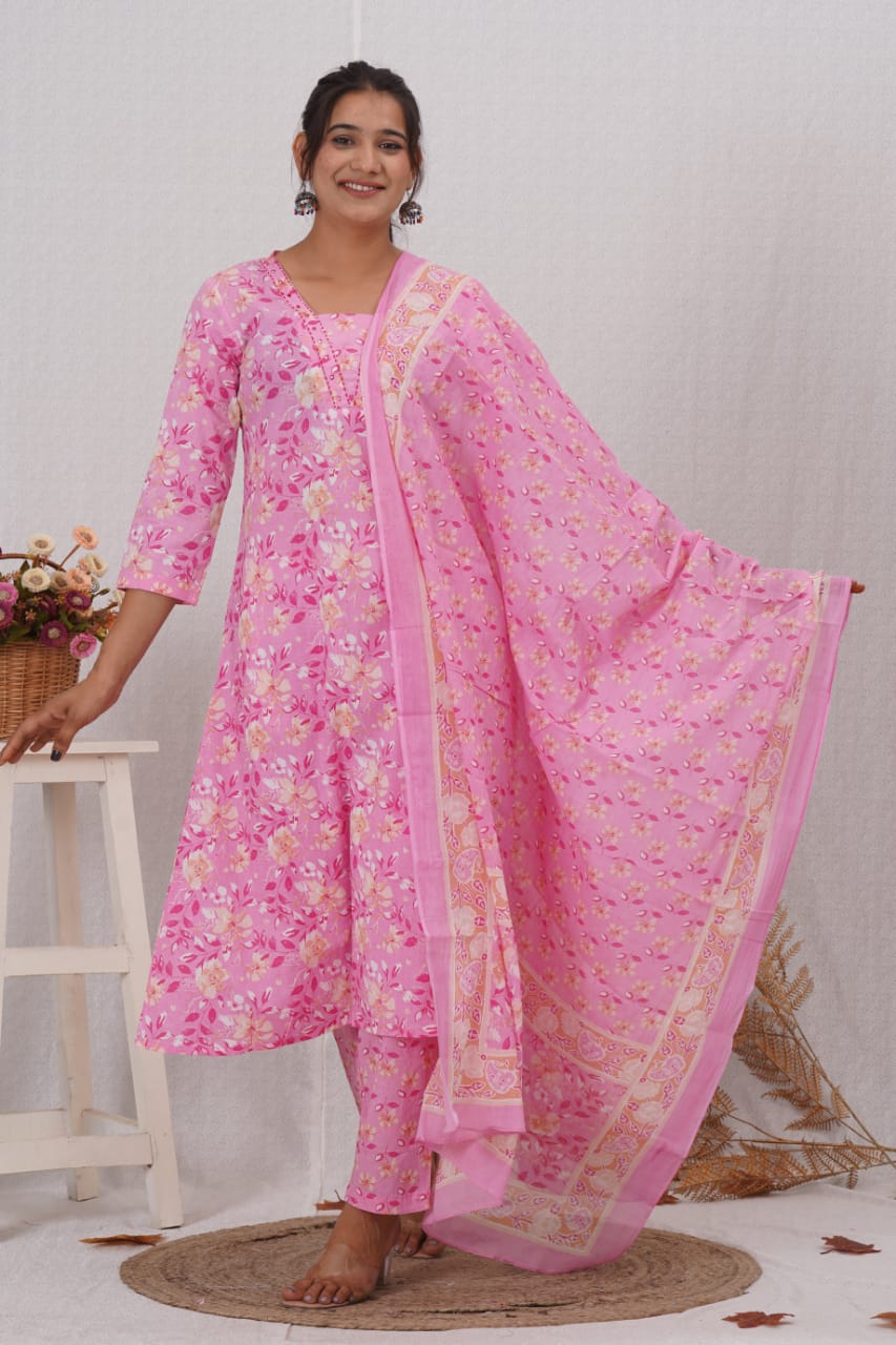 Pink Cotton Printed A Line Kurta Pant and Dupatta