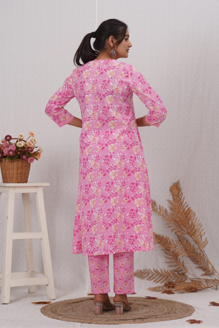 Pink Cotton Printed A Line Kurta Pant and Dupatta