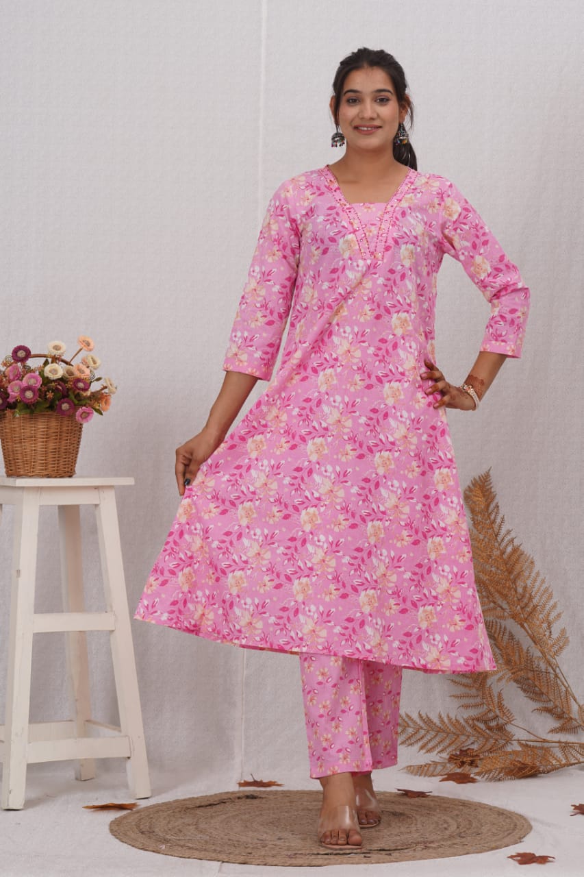 Pink Cotton Printed A Line Kurta Pant and Dupatta