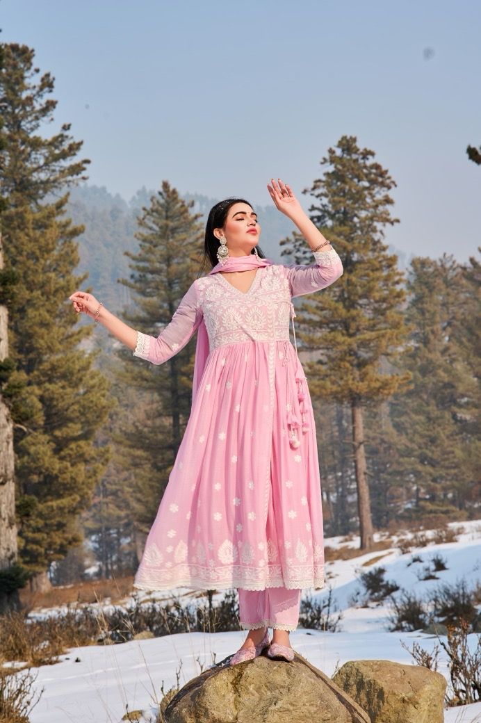 Baby Pink Malmal Embroidered Anarkali Pant and Dupatta