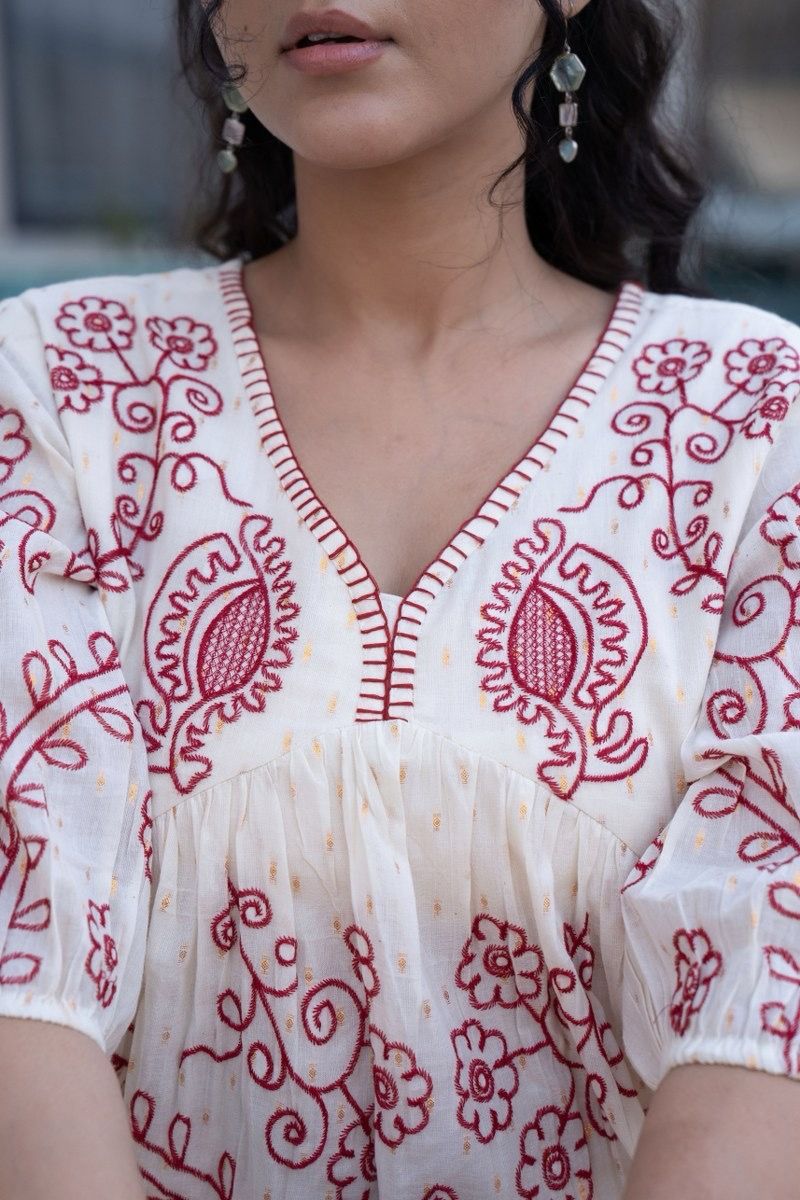 Red and White Cotton Embroidered Dress