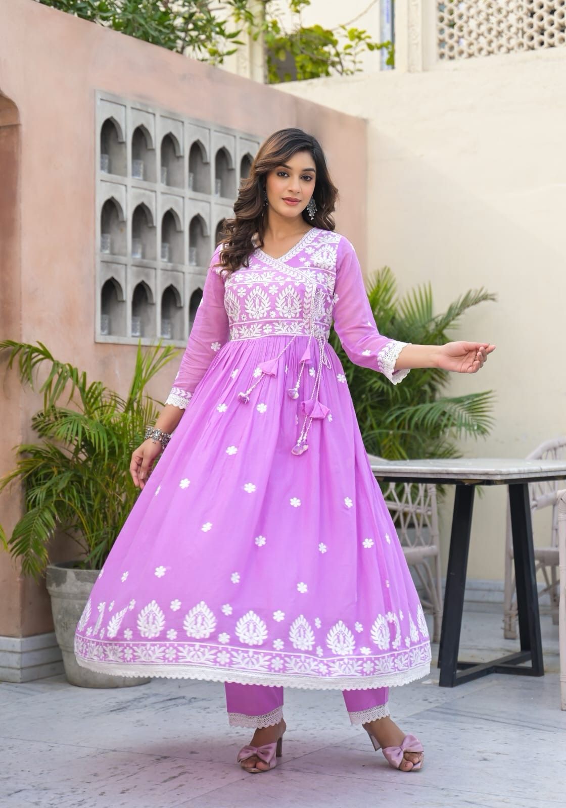 Lavender Malmal Embroidered Anarkali Pant and Dupatta