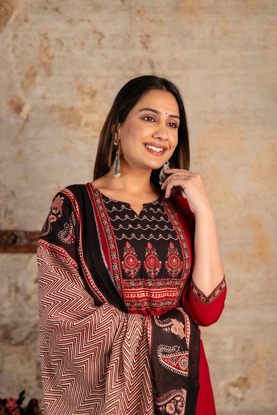 Red Black Cotton Straight Printed Kurta and Pant with Lehariya Dupatta