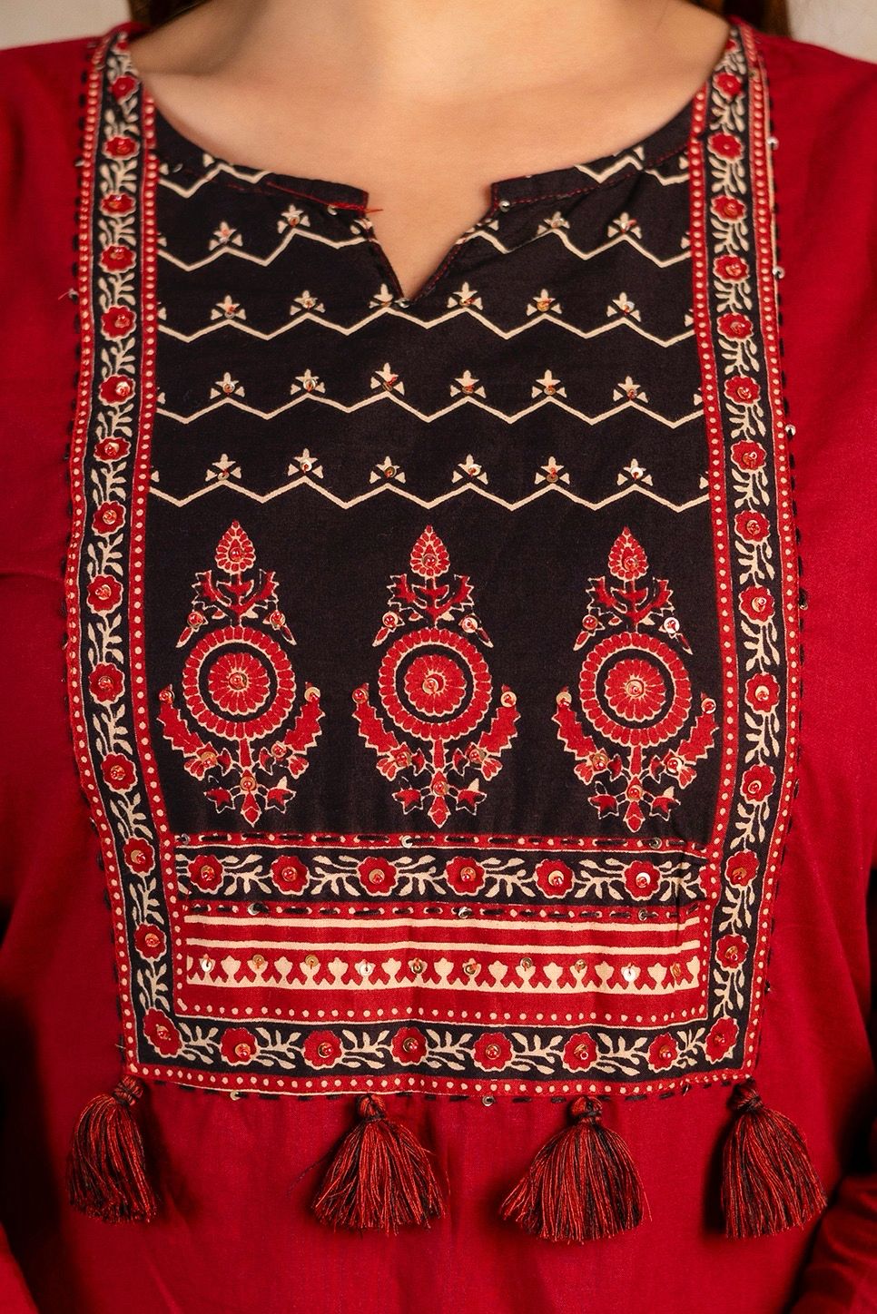 Red Black Cotton Straight Printed Kurta and Pant with Lehariya Dupatta