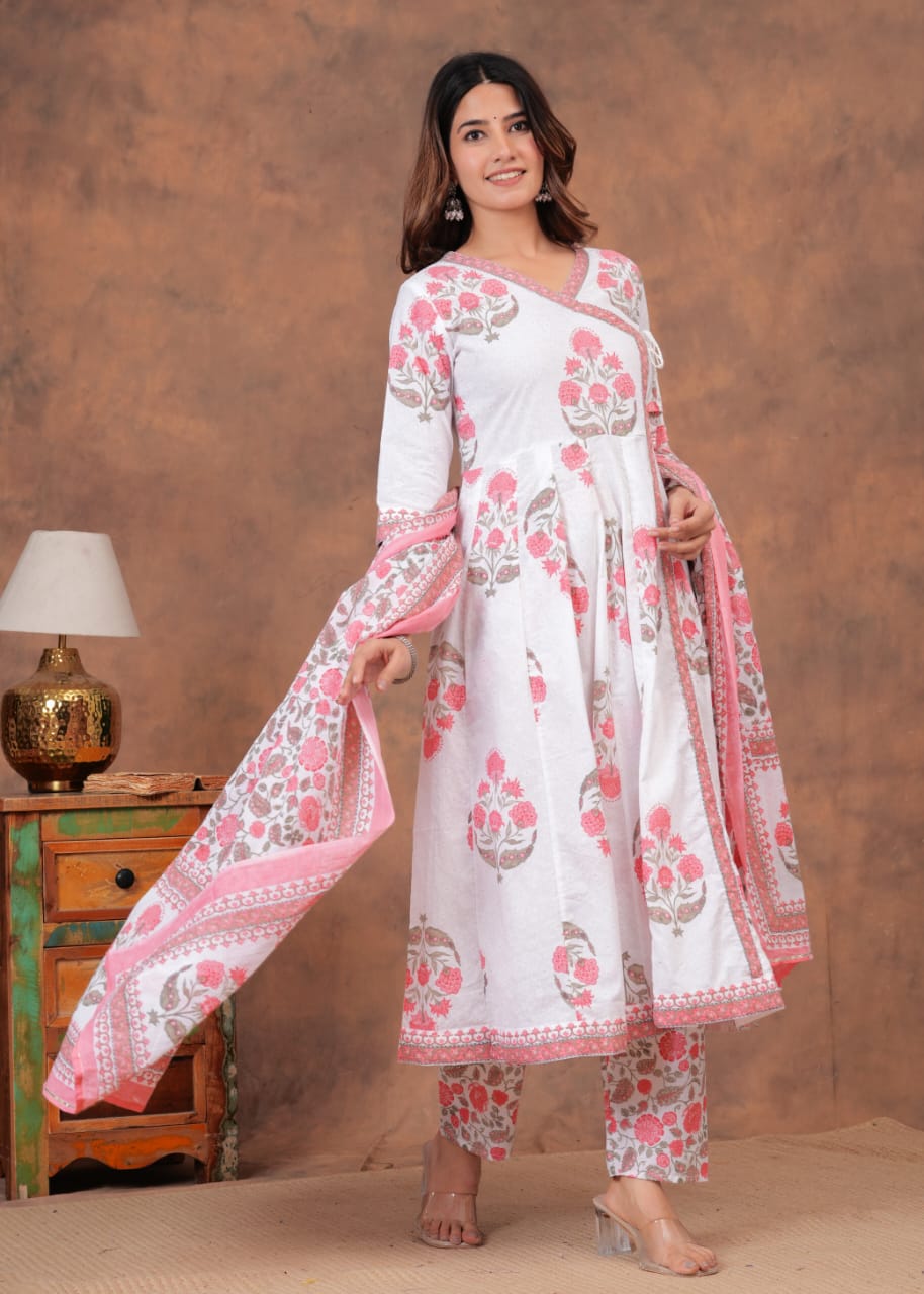 White and Pink Cotton Printed Anarkali Pant Dupatta