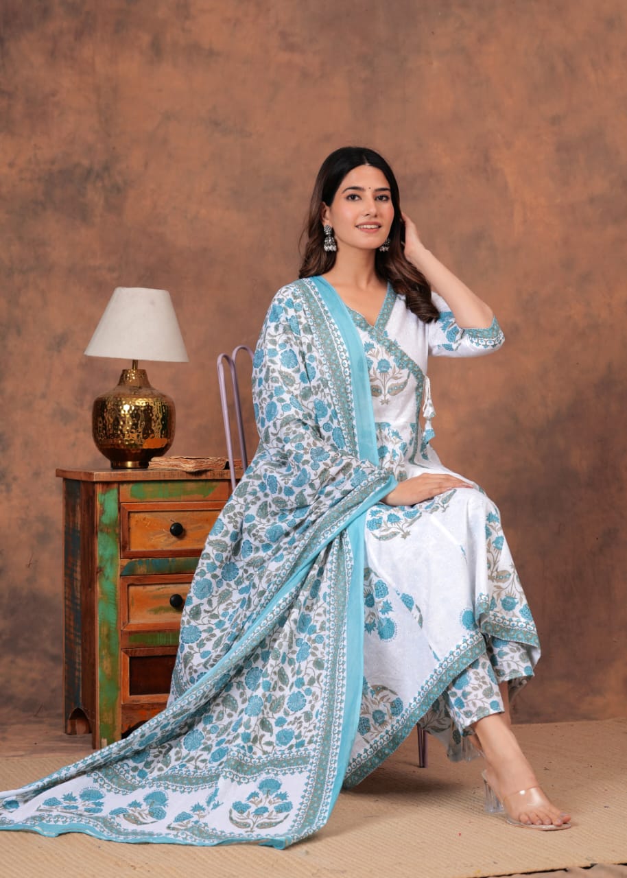 White and Sky blue Cotton Printed Anarkali Pant Dupatta
