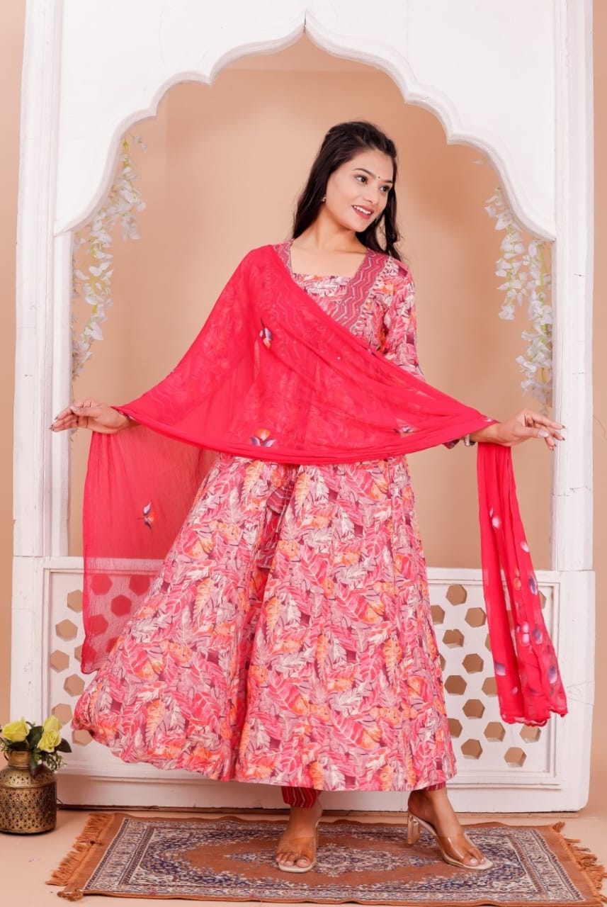 Red Rayon Printed Anarkali Kurta Pant Dupatta