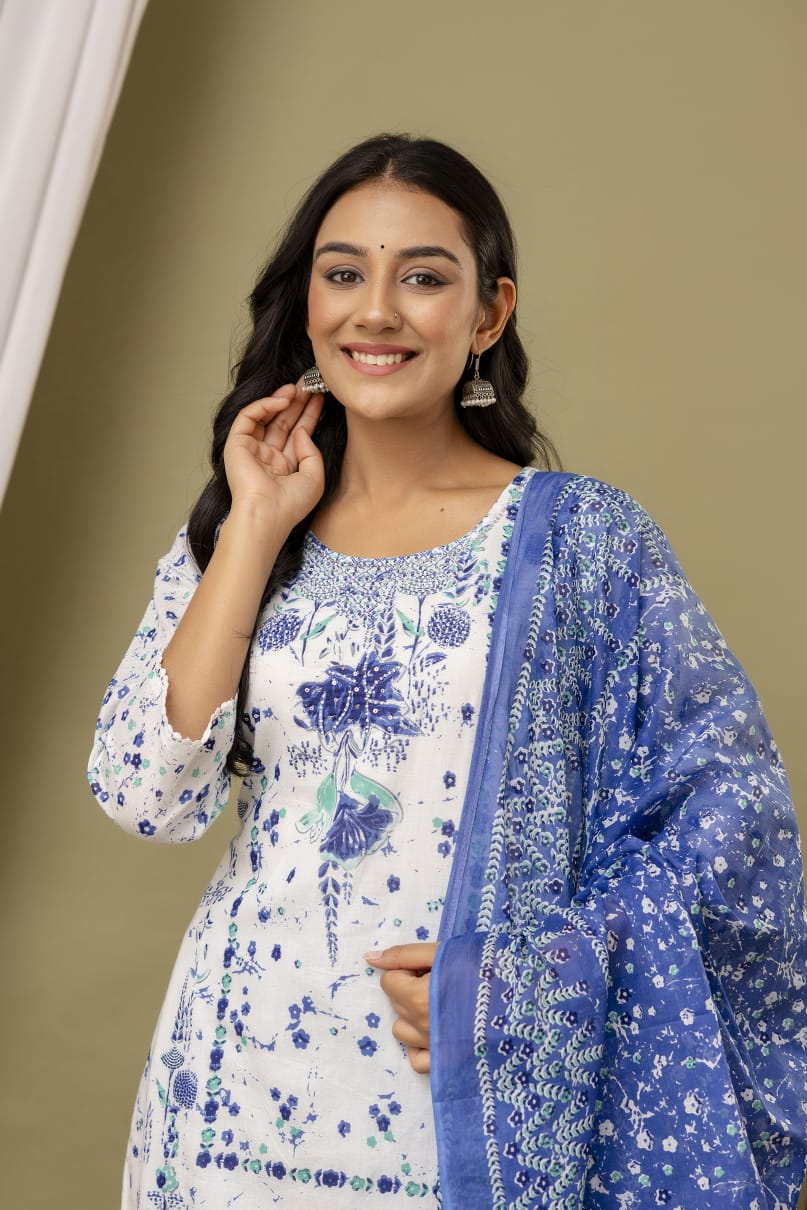 White Malmal Printed Straight Kurta with Blue Printed pant Dupatta