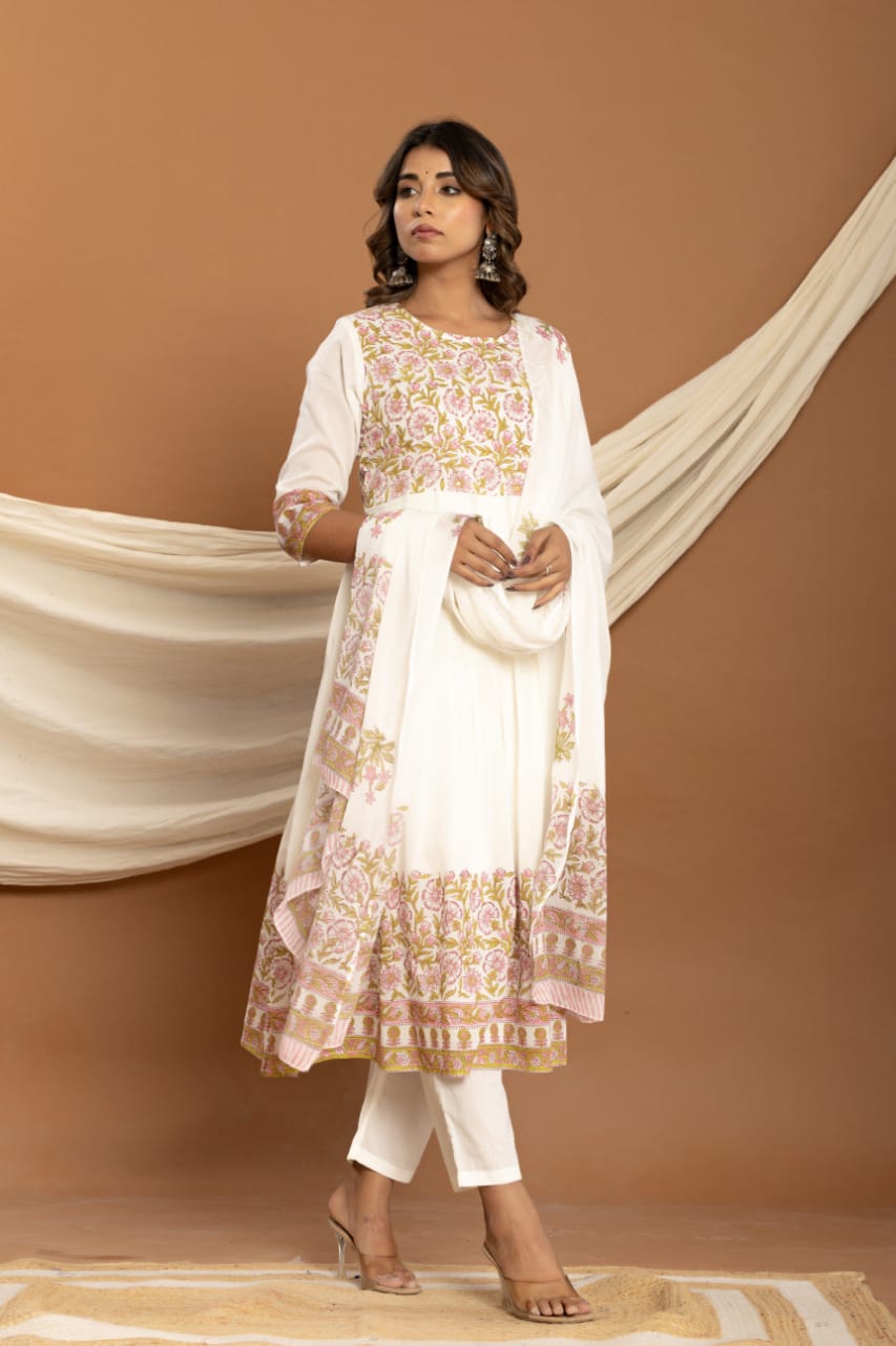 White Malmal Printed Anarkali Kurta with sequence work ,pant and Dupatta
