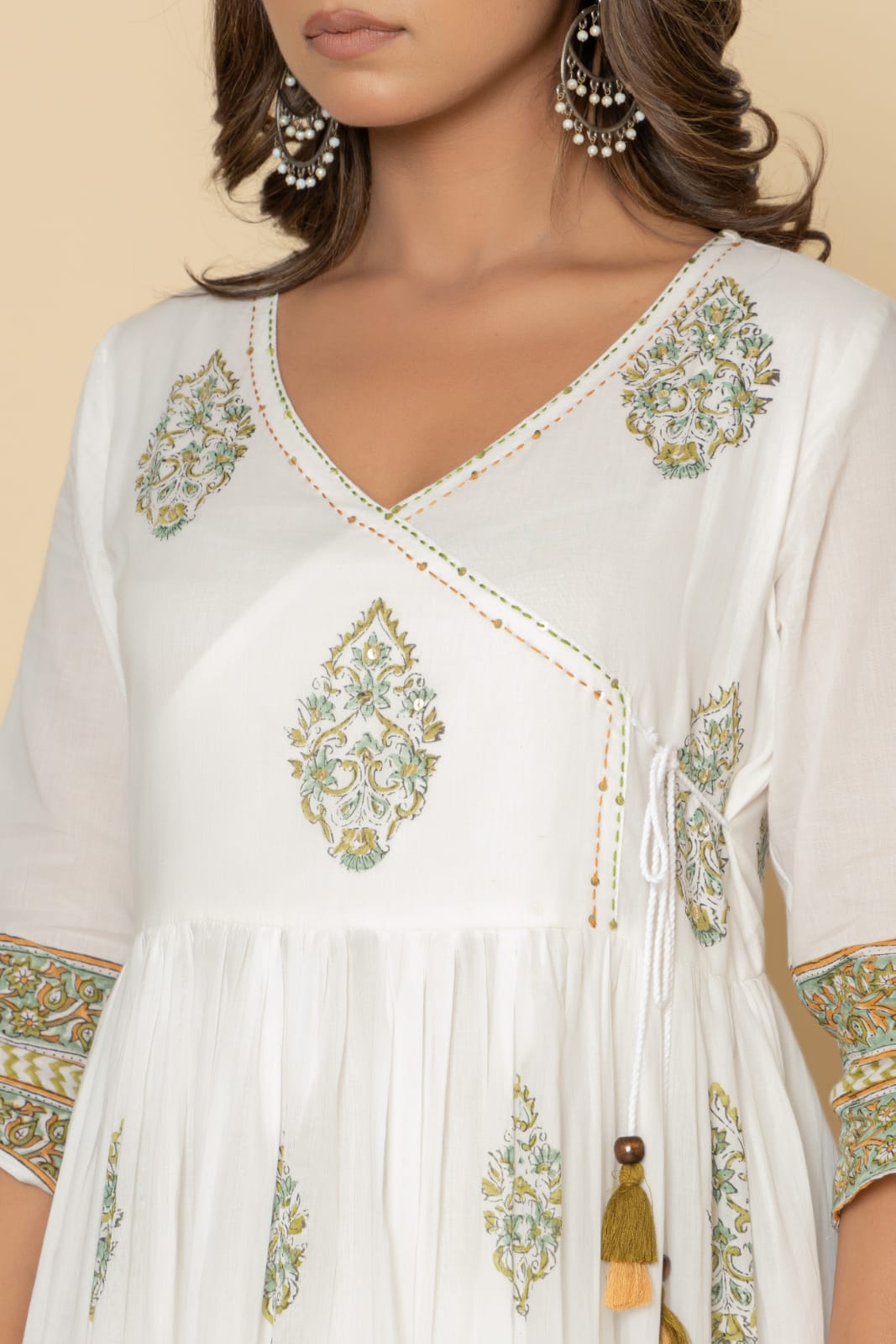 White Malmal Anarkali Printed Kurta Pant Dupatta