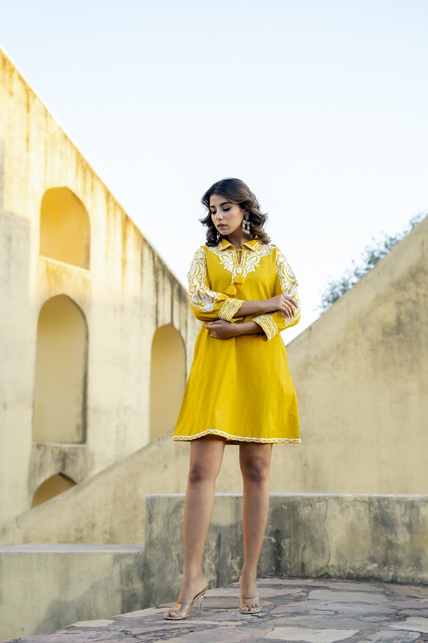 Mustard Yellow Cotton Embroidered Short Dress