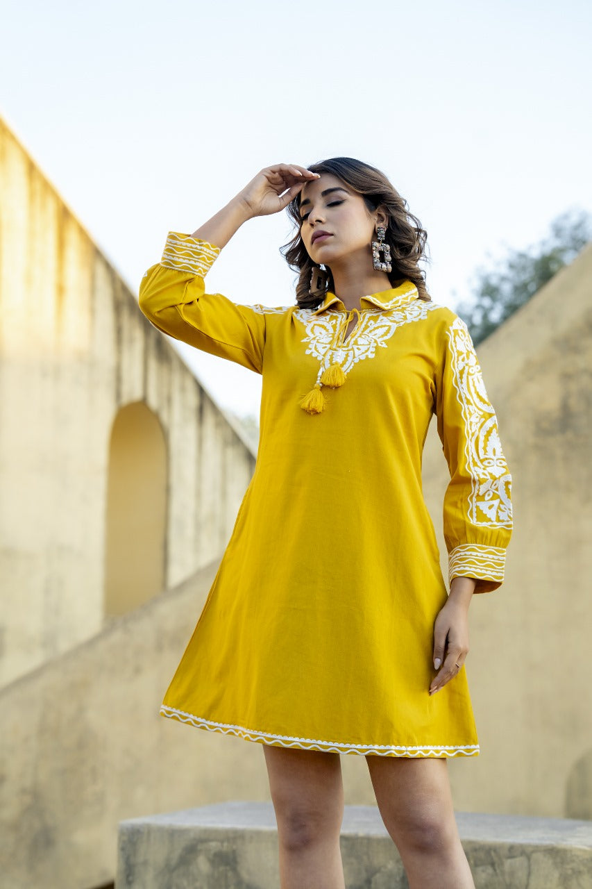 Mustard Yellow Cotton Embroidered Short Dress