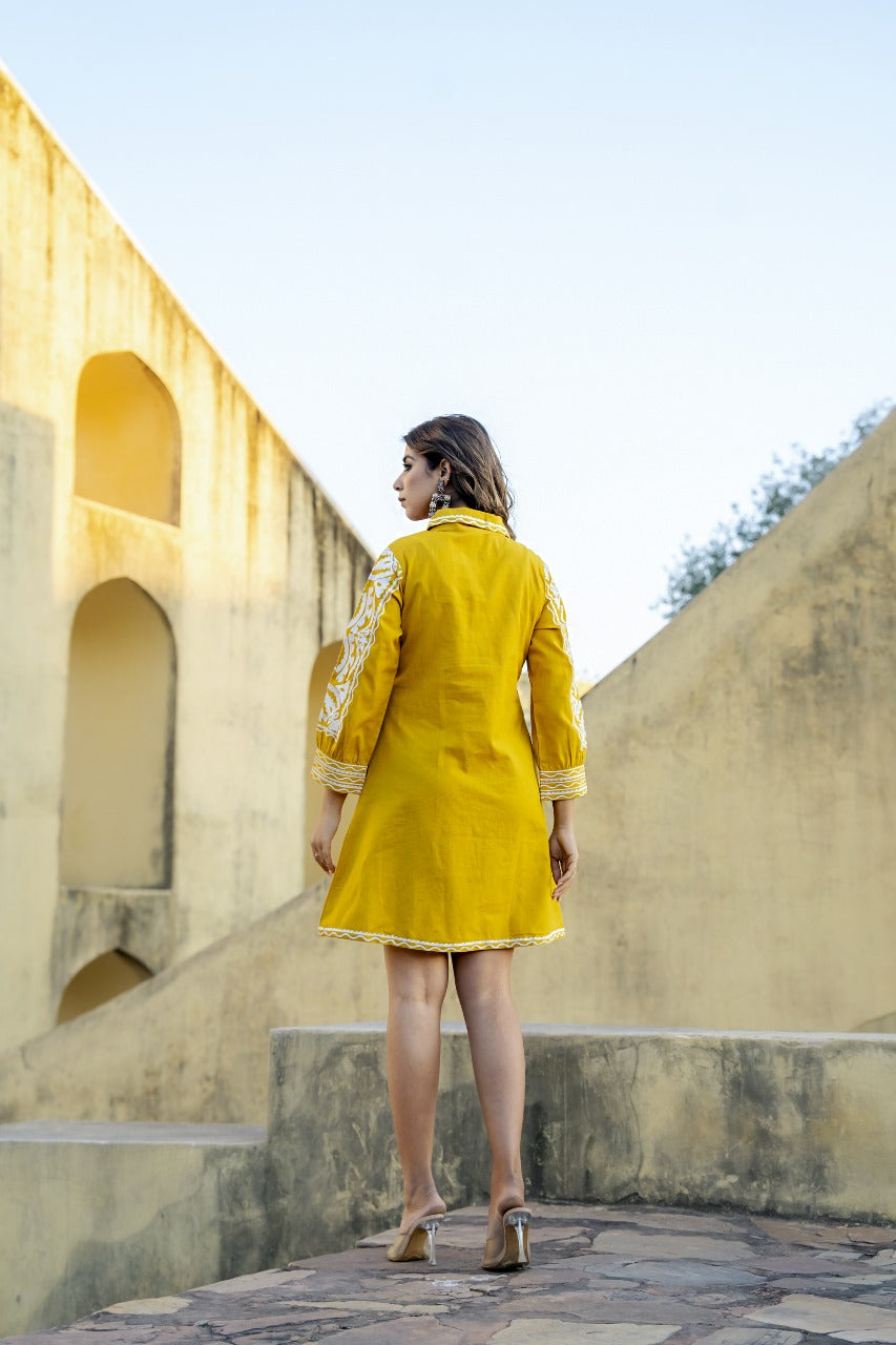 Mustard Yellow Cotton Embroidered Short Dress