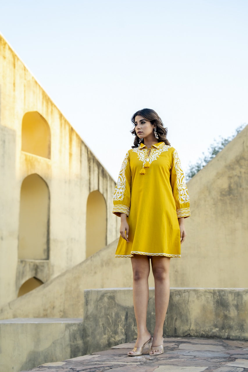 Mustard Yellow Cotton Embroidered Short Dress