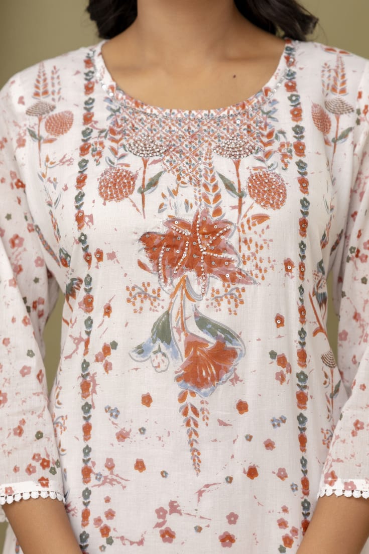 White Malmal Printed Straight Kurta with Pink Printed Pant Dupatta