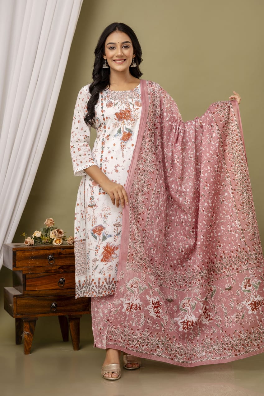 White Malmal Printed Straight Kurta with Pink Printed Pant Dupatta