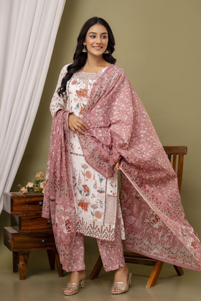 White Malmal Printed Straight Kurta with Pink Printed Pant Dupatta