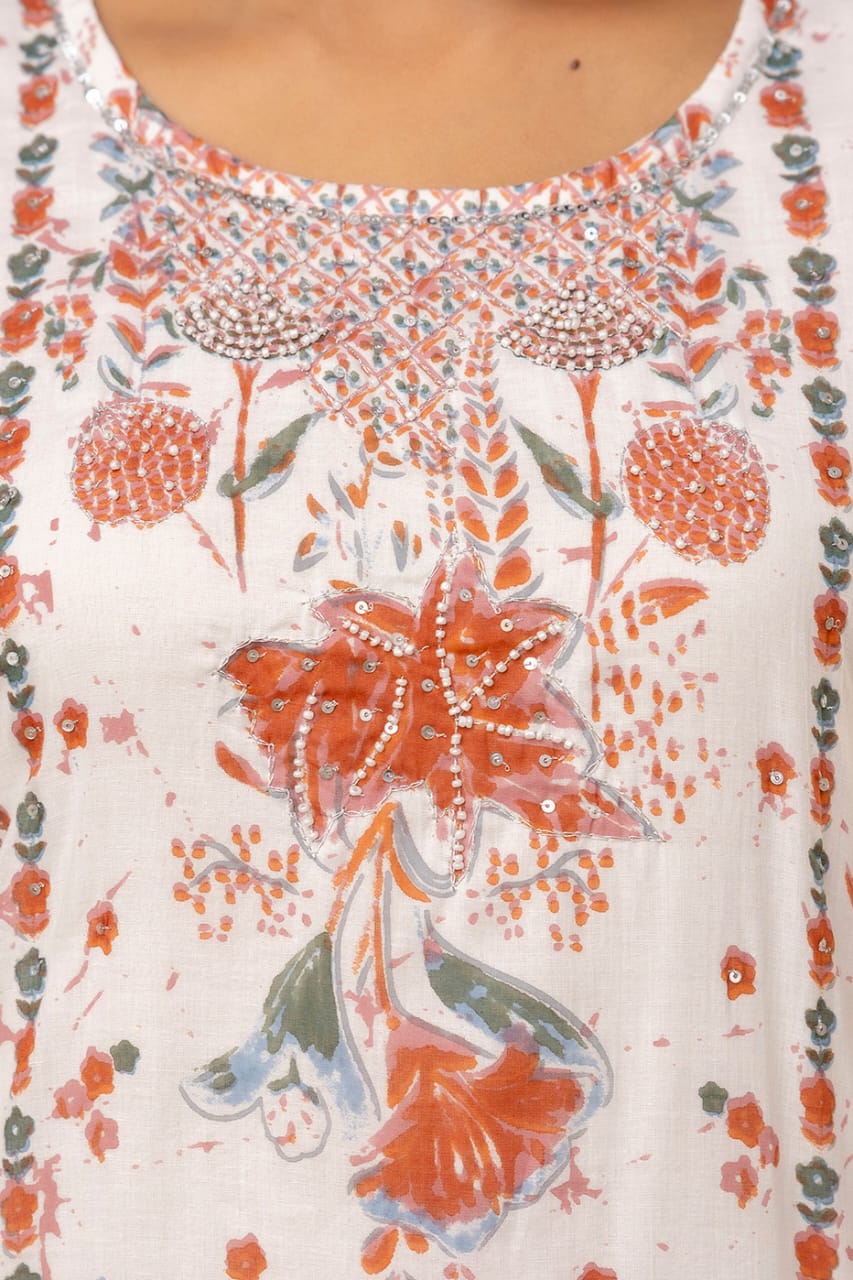 White Malmal Printed Straight Kurta with Pink Printed Pant Dupatta