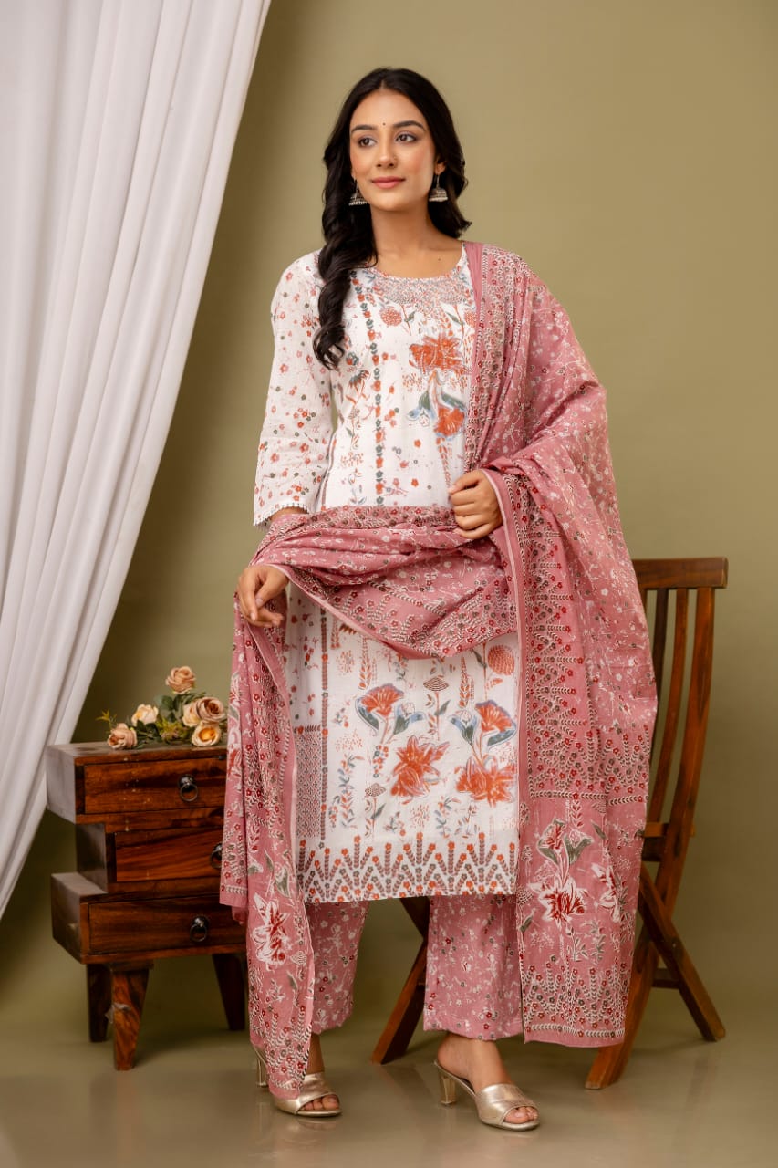 White Malmal Printed Straight Kurta with Pink Printed Pant Dupatta