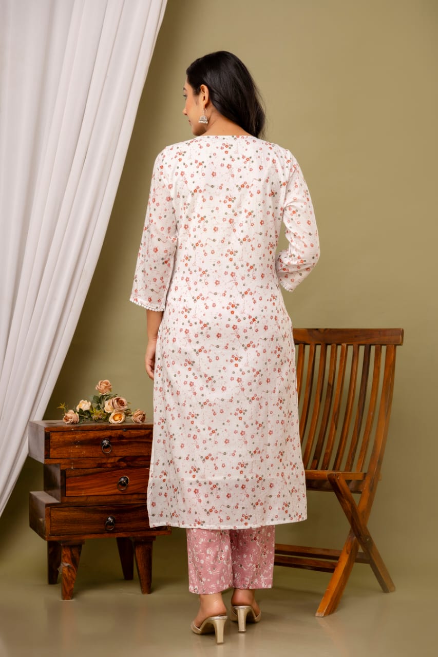 White Malmal Printed Straight Kurta with Pink Printed Pant Dupatta
