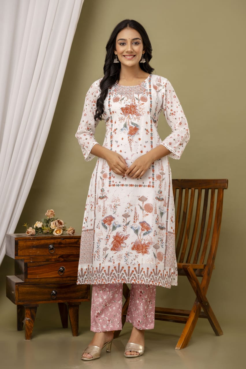 White Malmal Printed Straight Kurta with Pink Printed Pant Dupatta