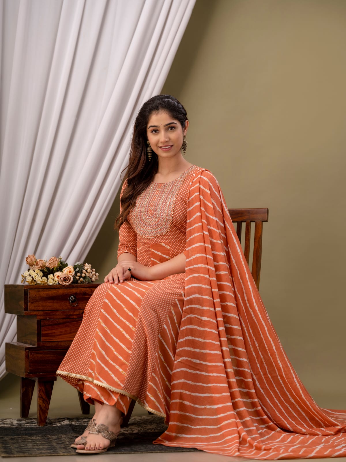 Orange Lehariya Kurta Pant Dupatta
