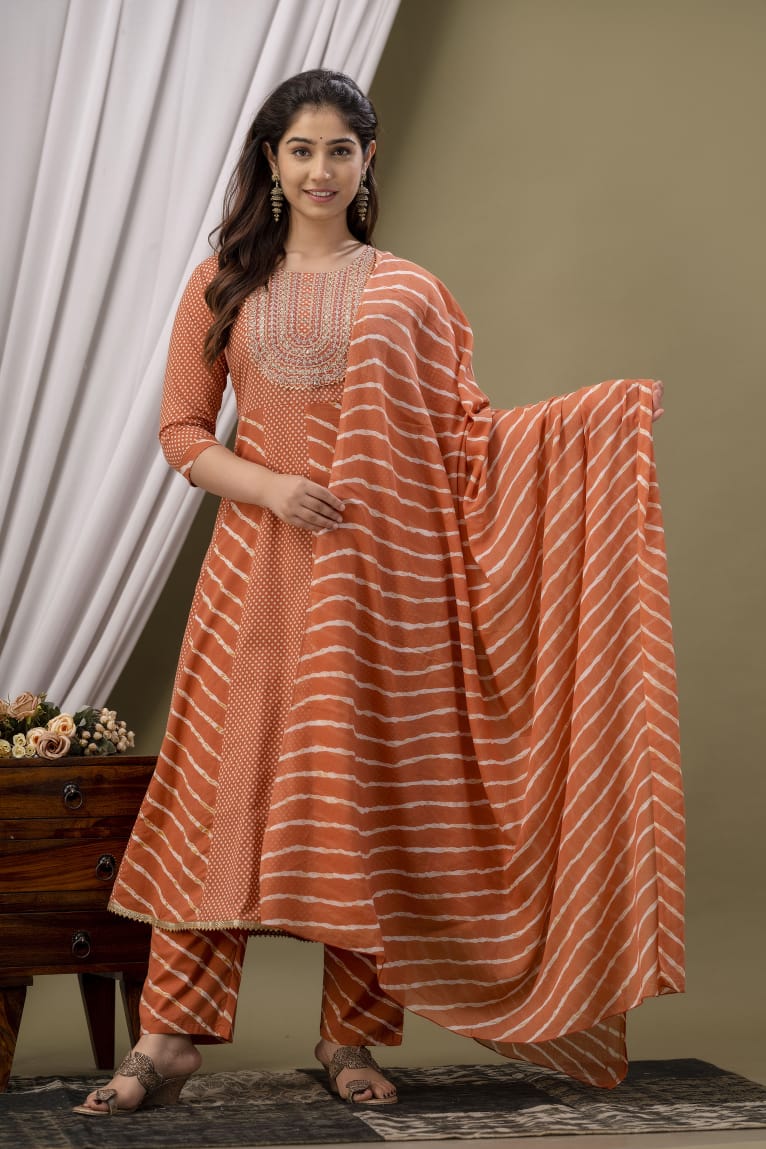 Orange Lehariya Kurta Pant Dupatta