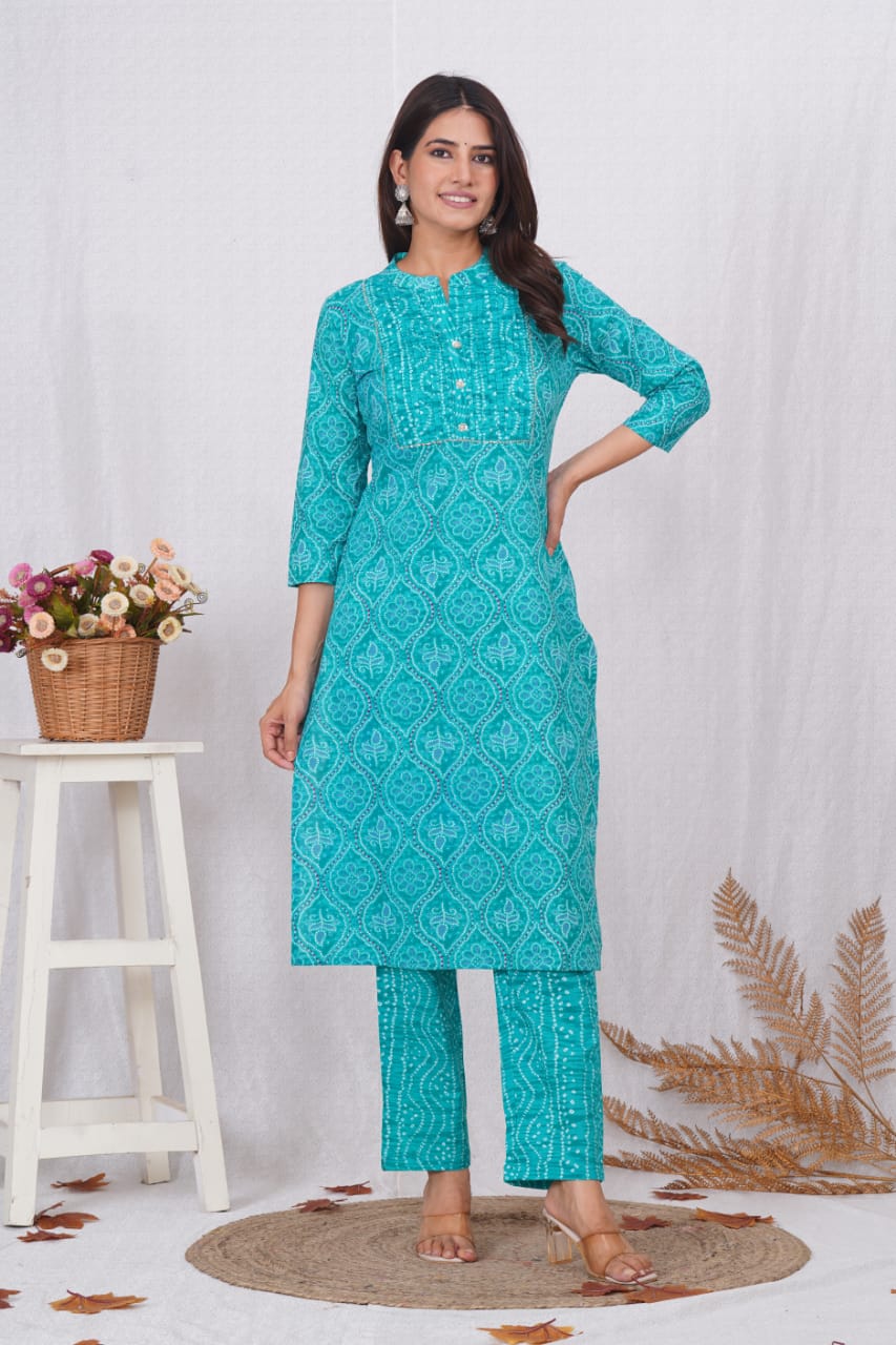 Sky Blue Bandhej Kurta Pant Dupatta