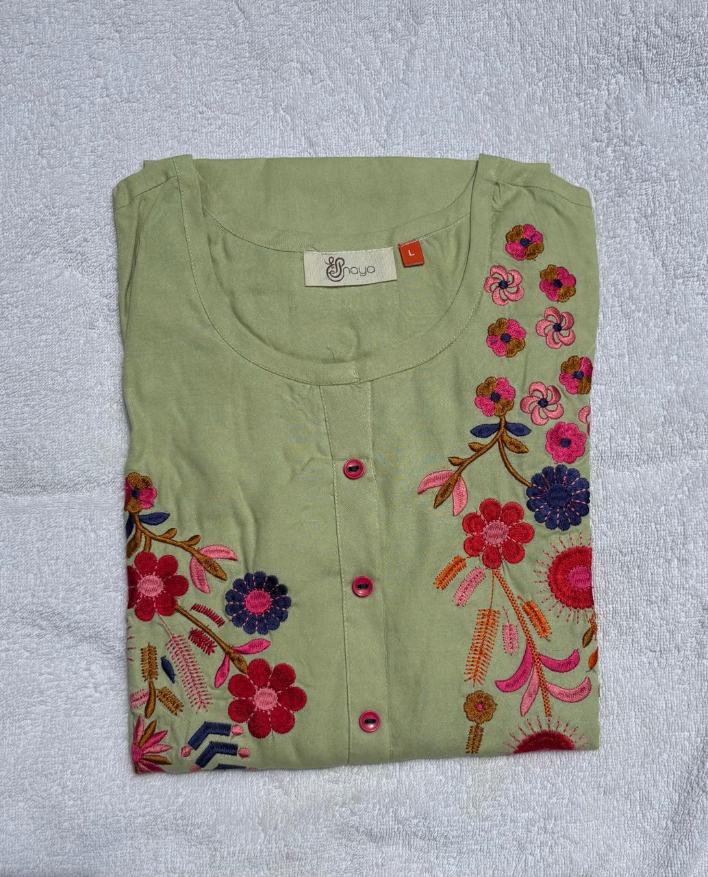 Green Cotton Kurti With Multicoloured Embroidery