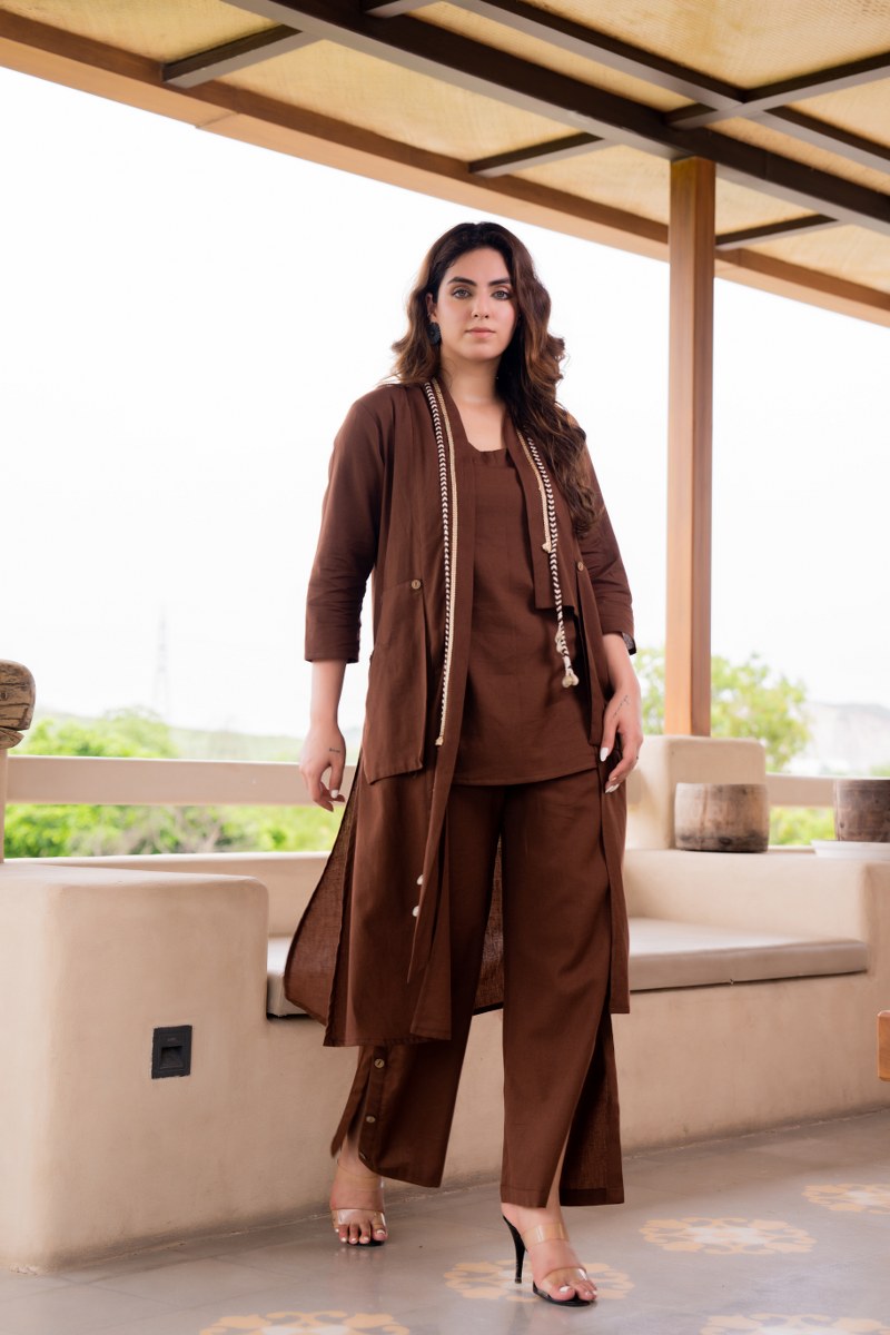 Brown Cotton Co-Ord set with Jacket
