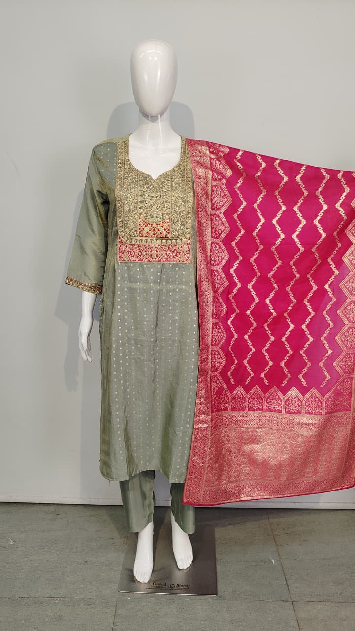 Grey Tissue Chanderi Jacquard Embroidered Kurta Pant With Printed Dupatta