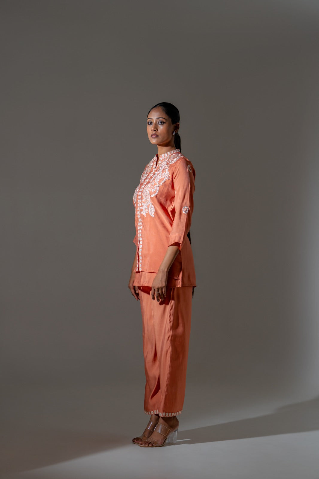 Light Orange Mul Chanderi Embroidered Co-ord Set
