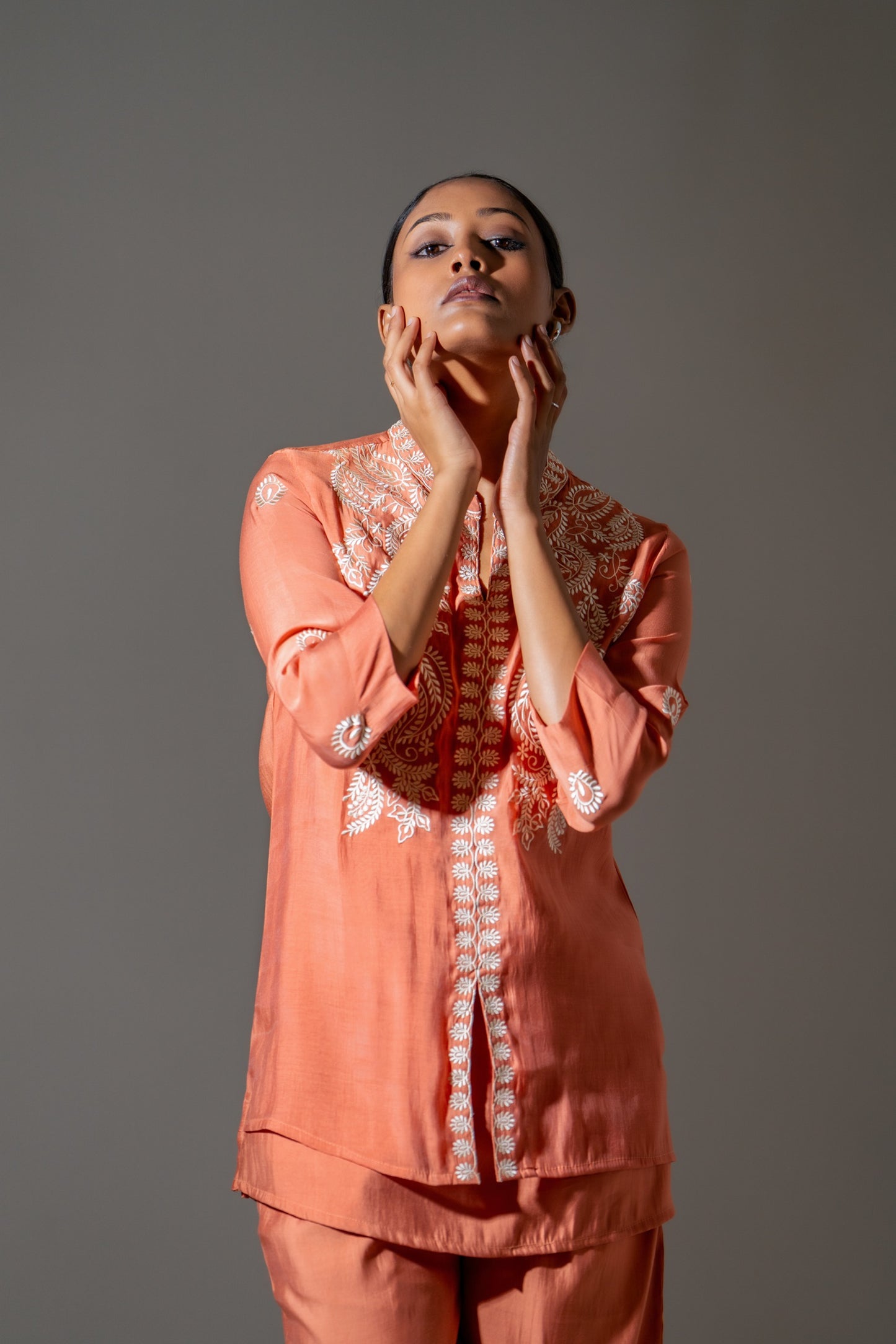 Light Orange Mul Chanderi Embroidered Co-ord Set