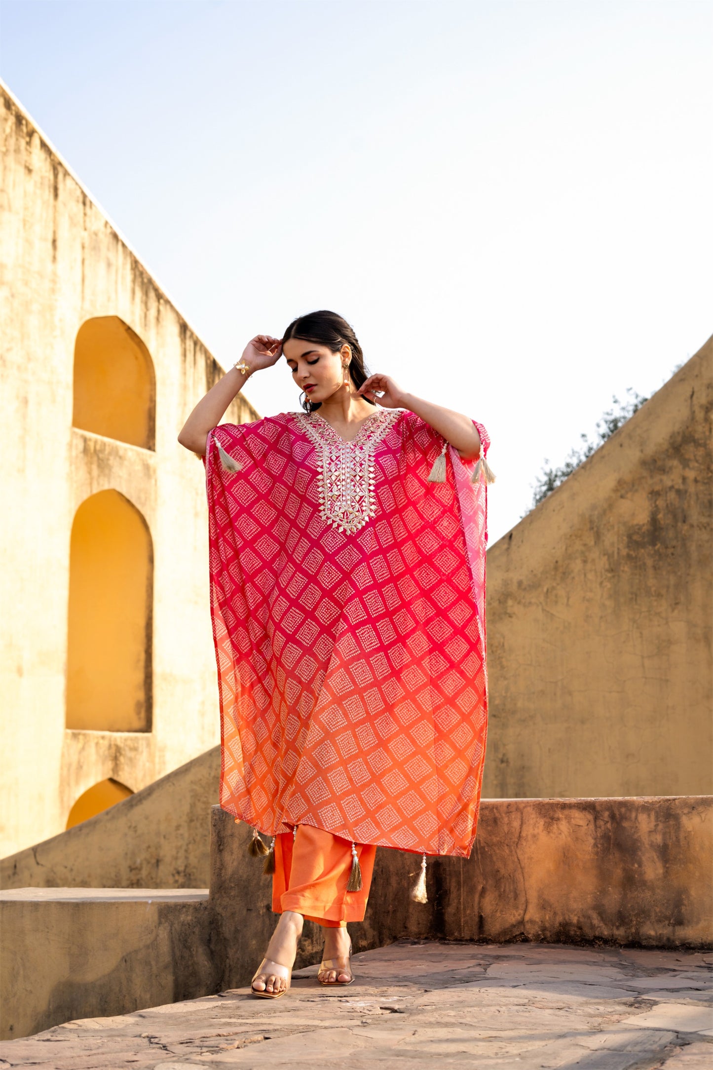 Red Bhandej Muslin Kaftan Co-Ord Set
