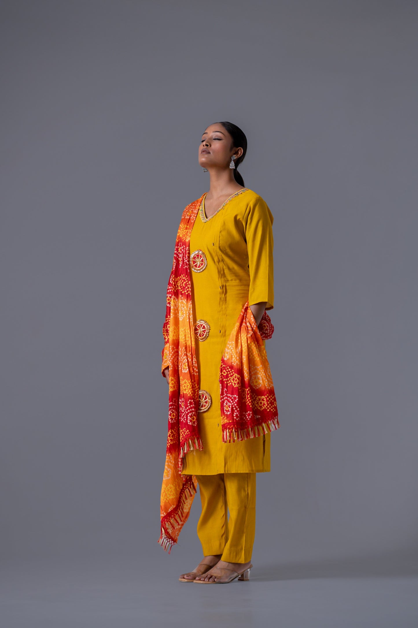 Yellow Gota Patti Roman Silk Kurta Pant Bhandej Dupatta