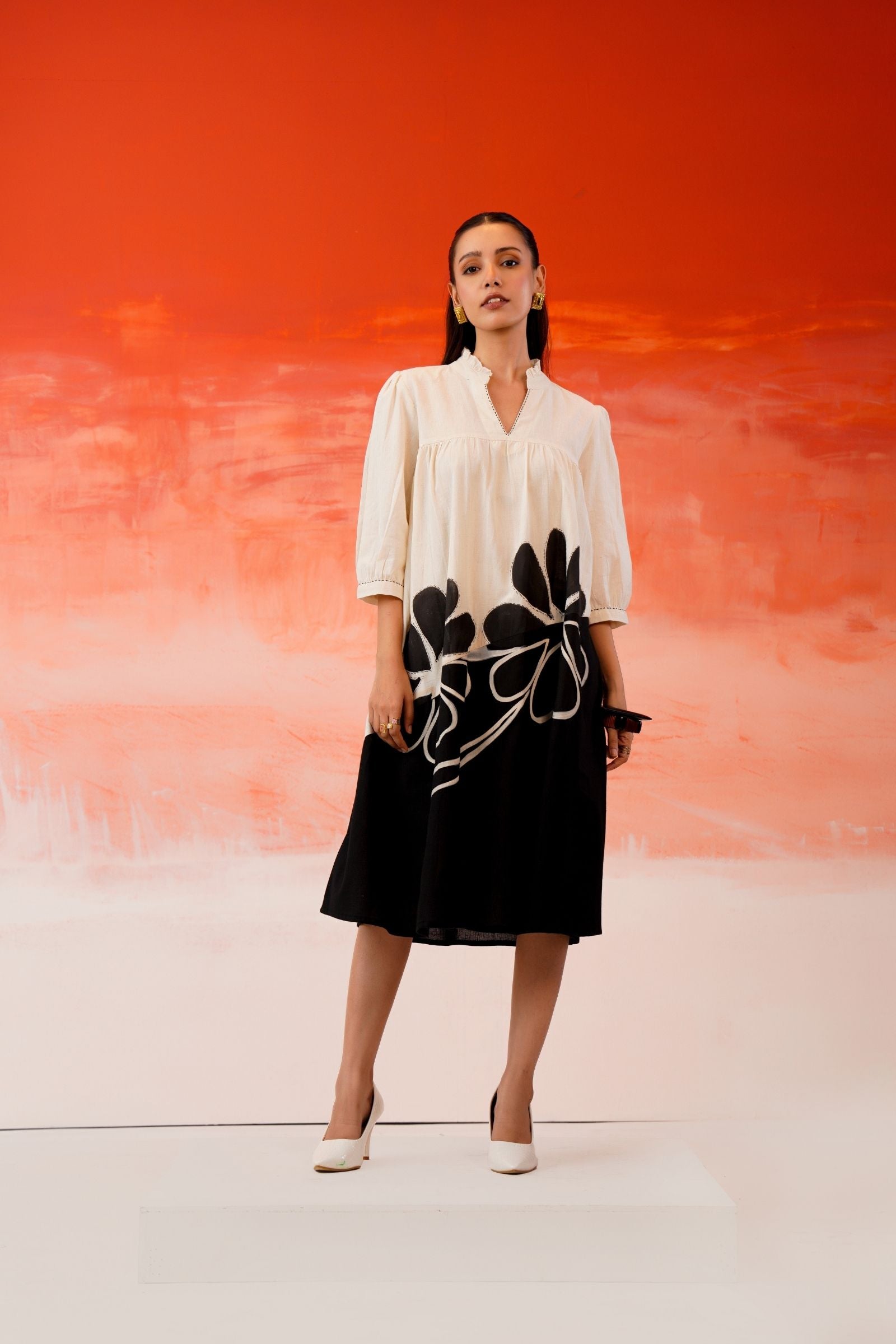 White Black Hand Painted Cotton Short Dress