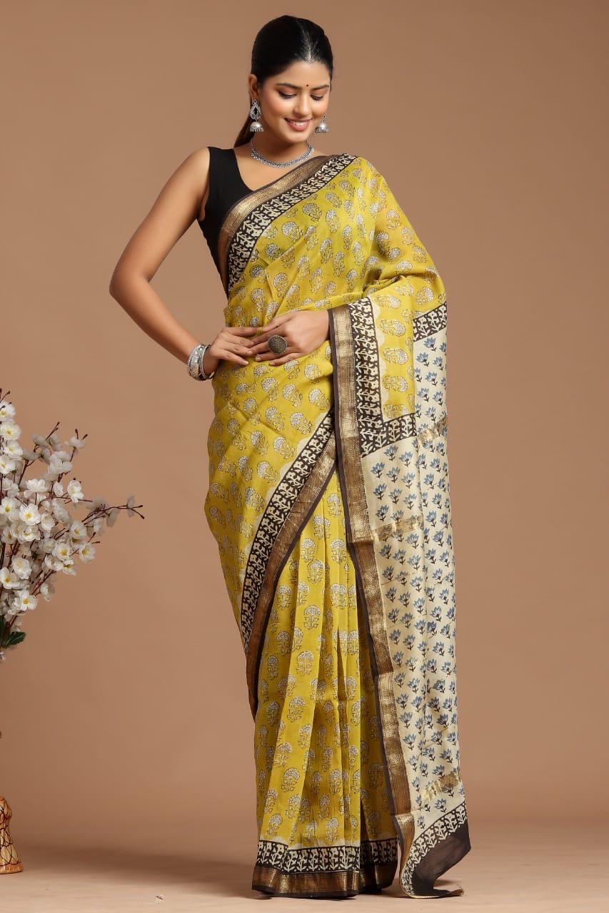 Elegant Yellow Handblock Maheshwari Silk Saree by Shreenaya