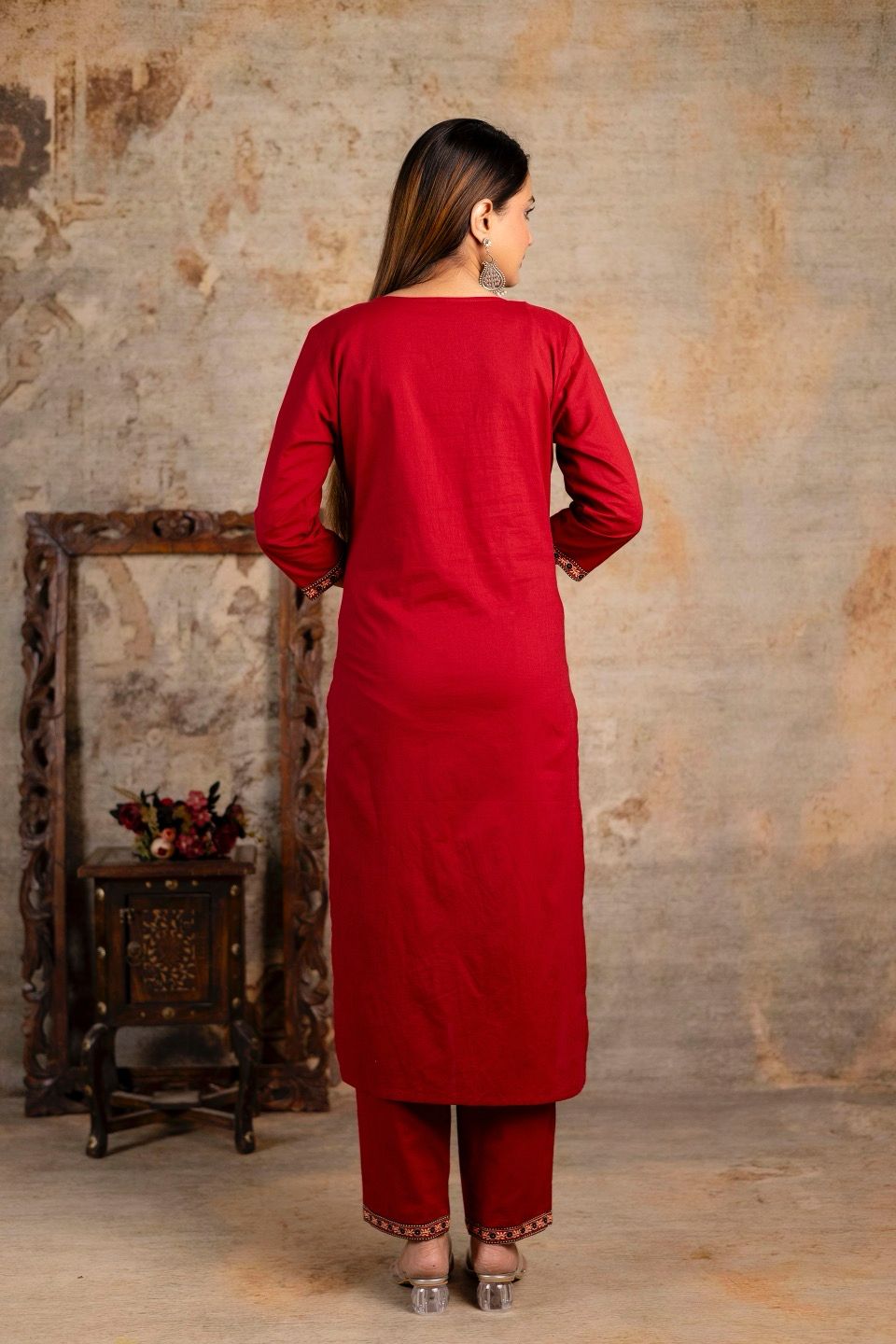 Comfortable red black cotton kurta set women