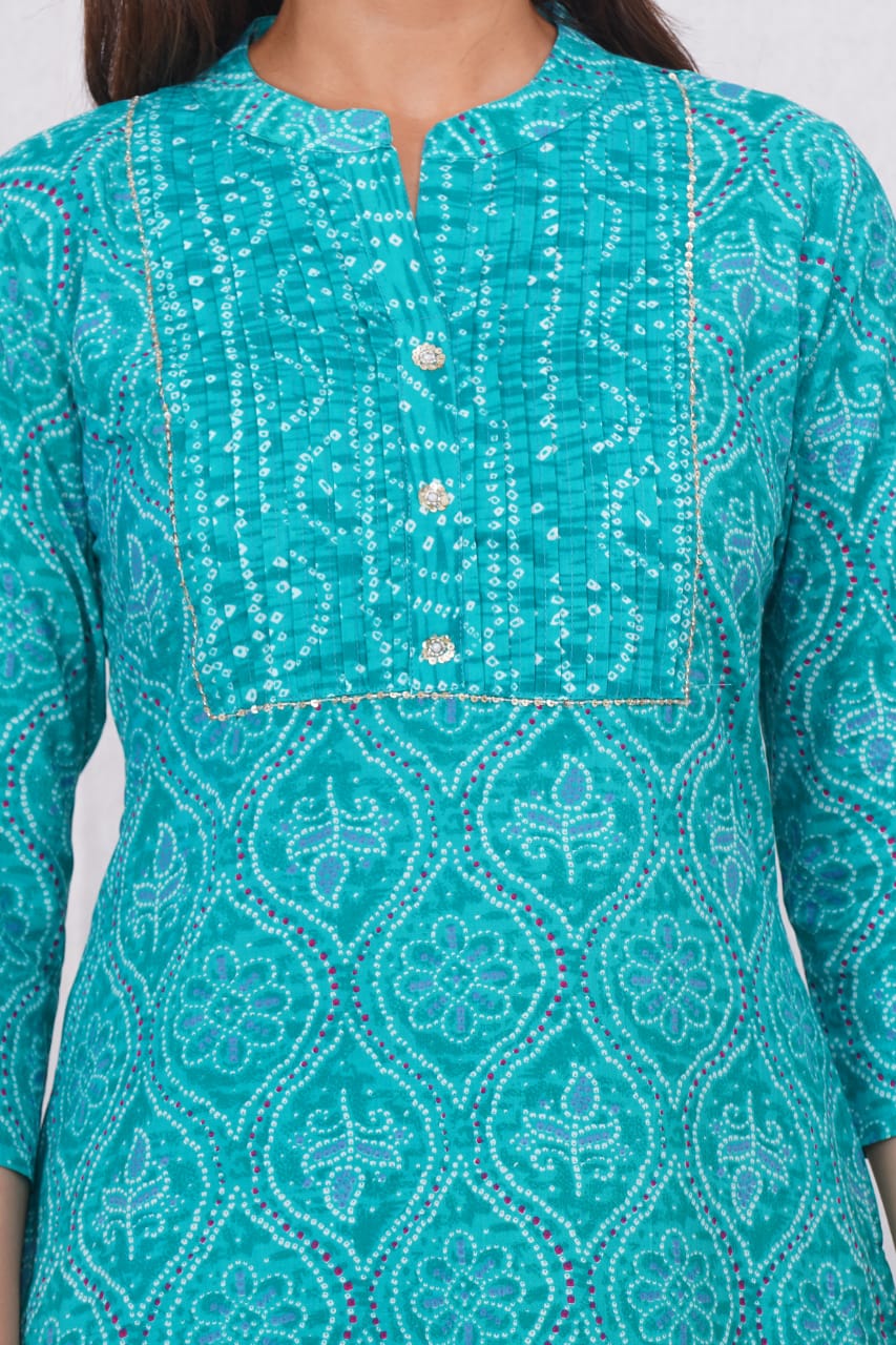 Sky blue bandhani printed kurta pant dupatta set