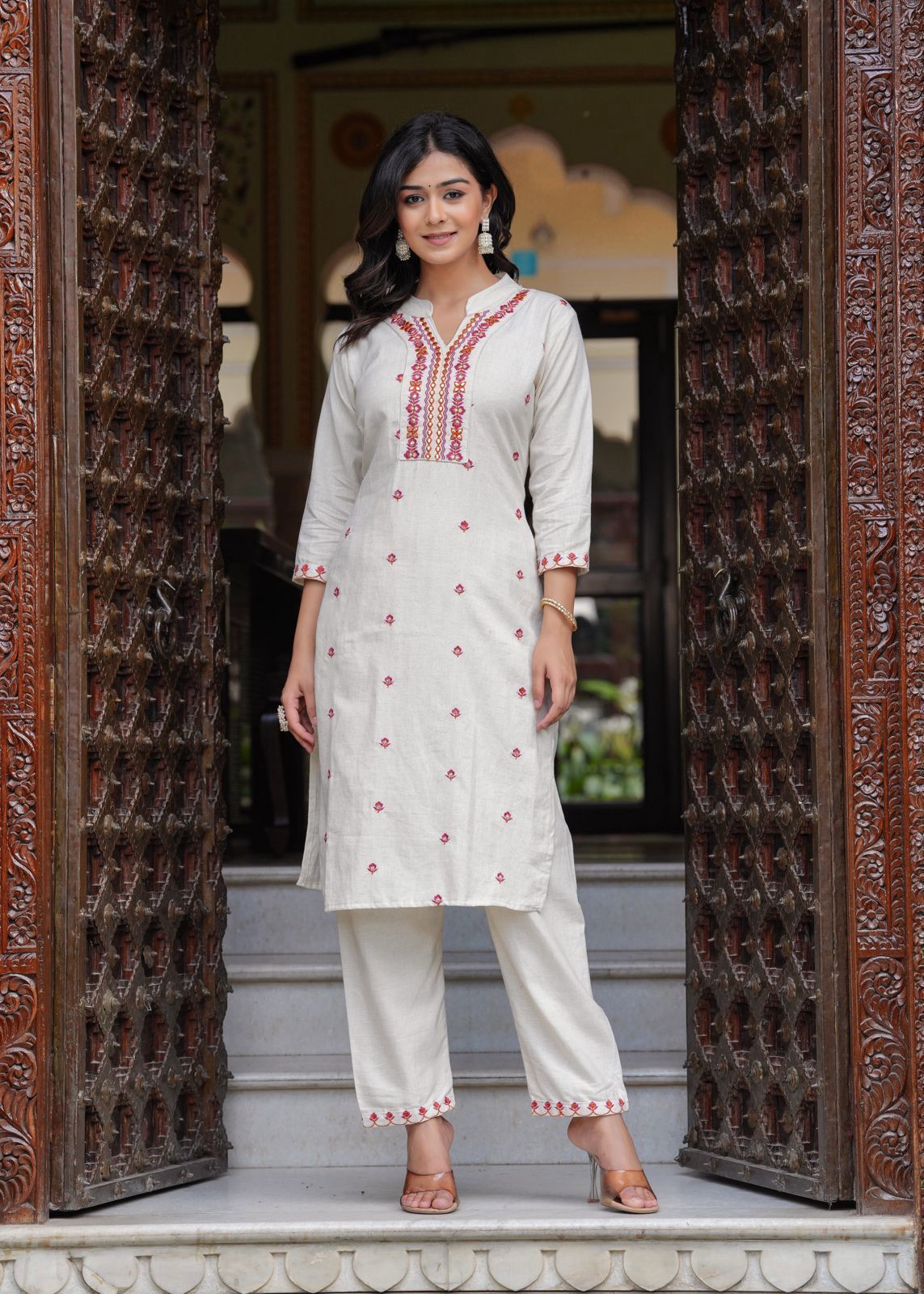 white pink kurti set daily wear cotton outfit