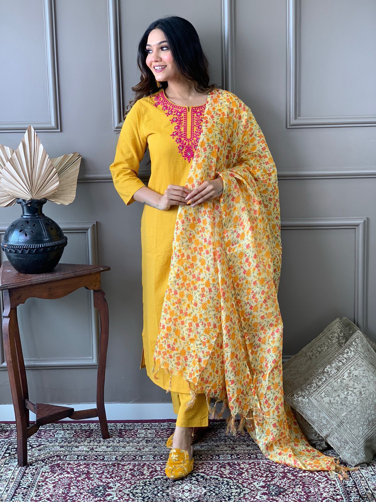 yellow cotton kurta set festive wear outfit