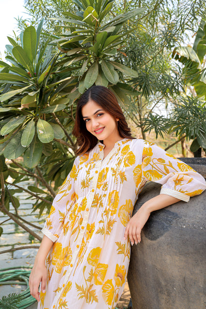 White And Yellow Floral Cotton Co-Ord Set