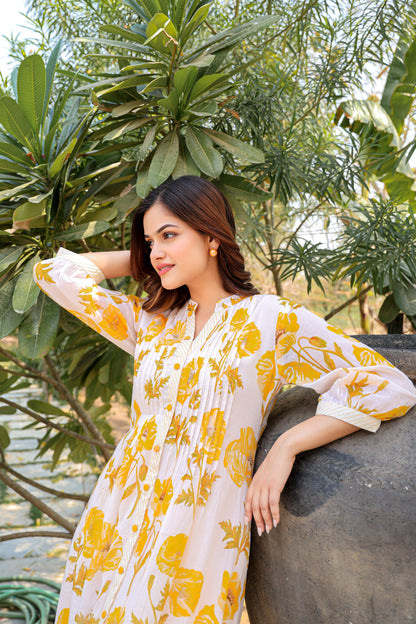 White And Yellow Floral Cotton Co-Ord Set