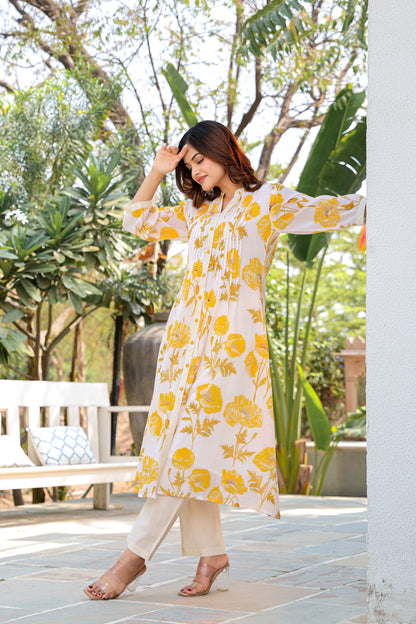 White And Yellow Floral Cotton Co-Ord Set