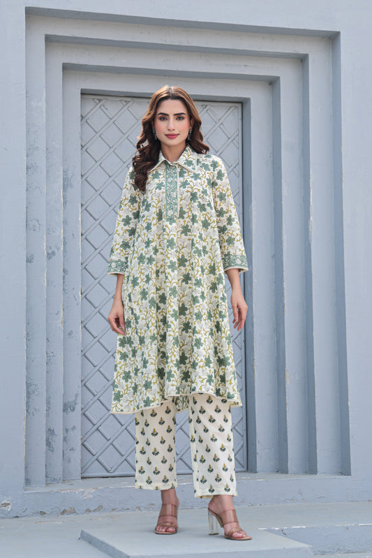 White Green Floral Cotton Co-Ord Set A Line Kurta Pant