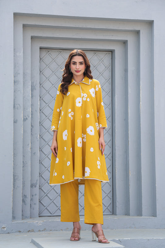 Mustard Yellow Floral Cotton Co-Ord Set A Line Kurta Pant