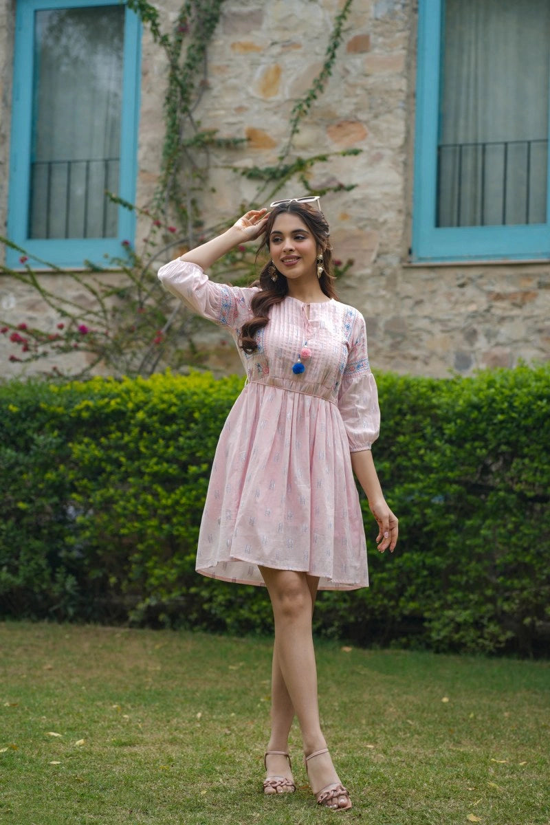 Baby Pink Cotton Embroidered Short Dress for Women