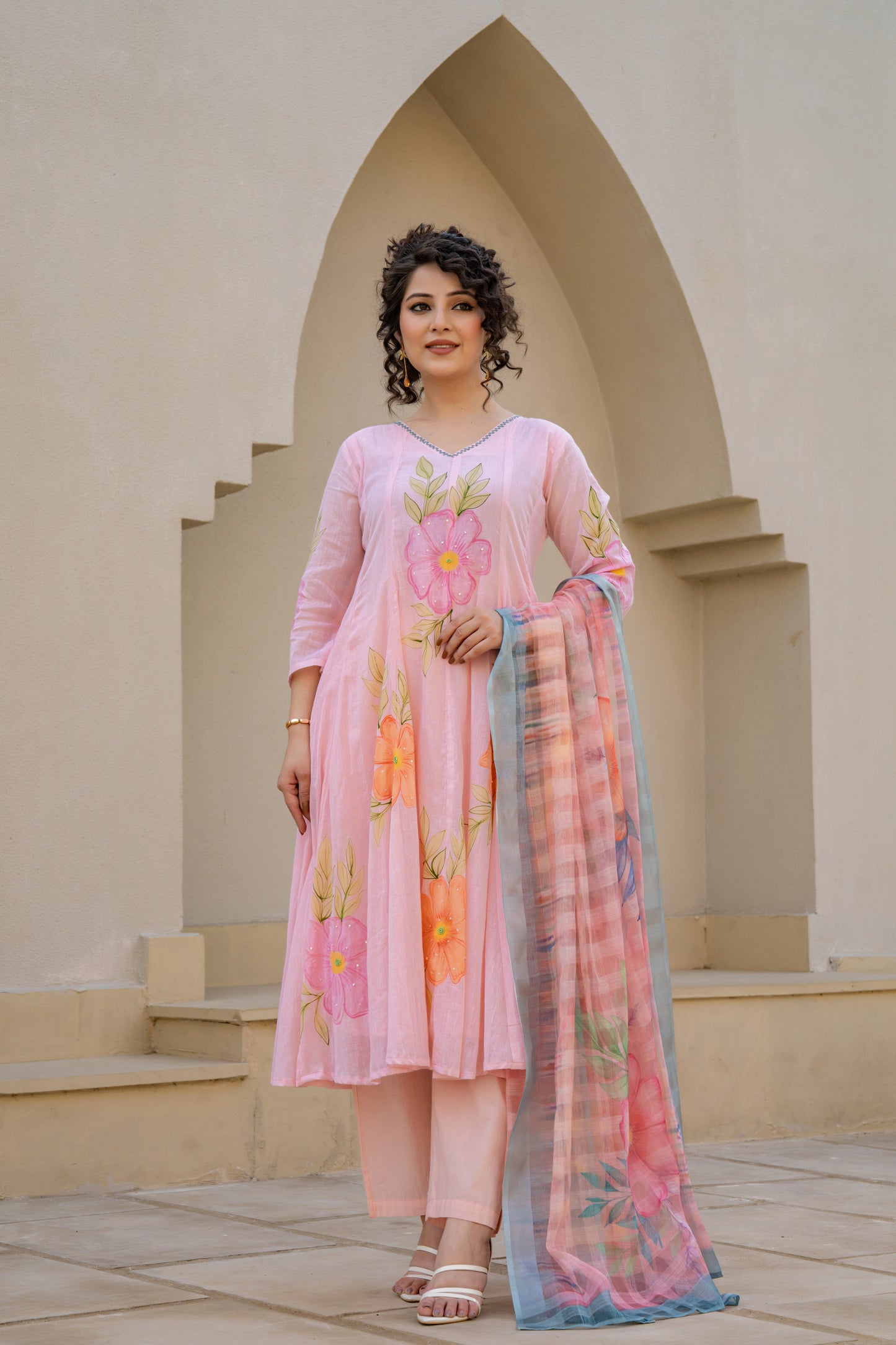 Hand Painted Baby Pink Anarkali Kurta Pant Dupatta